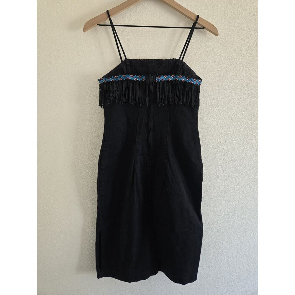 Vintage Y2k Womens Large Black Denim Fringe Beaded Festival Cowgirl Mini Dress - Picture 3 of 13